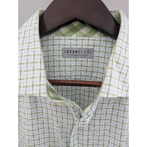 Jack Stone by Thomas Dean Dress Shirt Men's Size XL Green Plaid Patterned Cuff - Picture 1 of 16